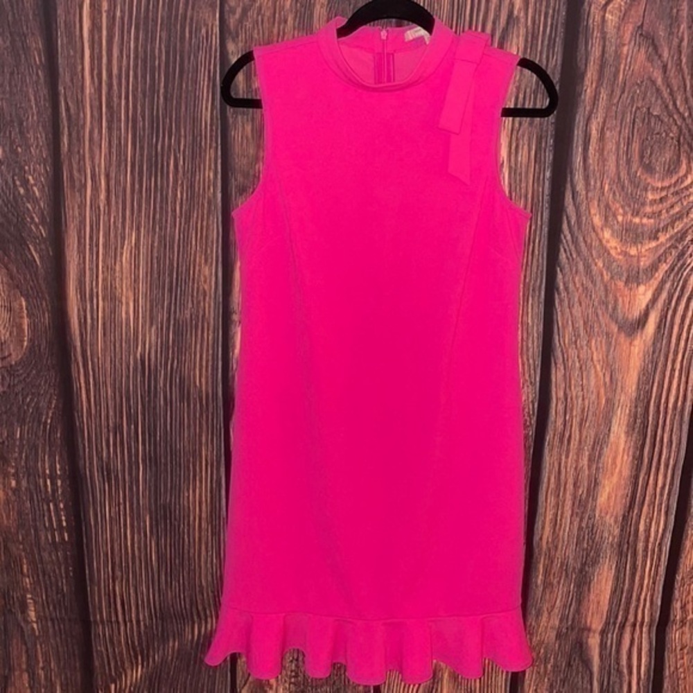 Andrew Marc Stretchy Hot Pink Sleeveless Bow Bottom Flare Flounce Hem Midi Dress
